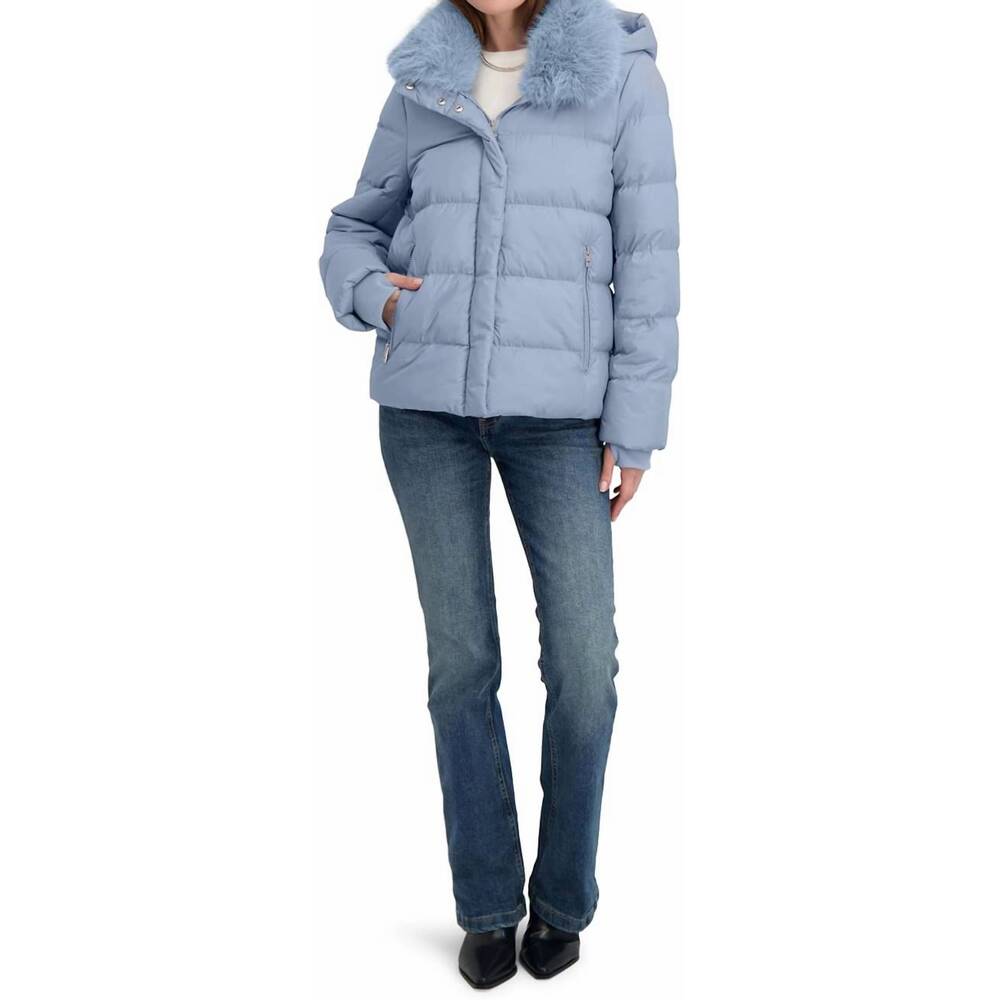 NEW TAHARI short quilted puffer jacket with faux fur collar & detachable hood in